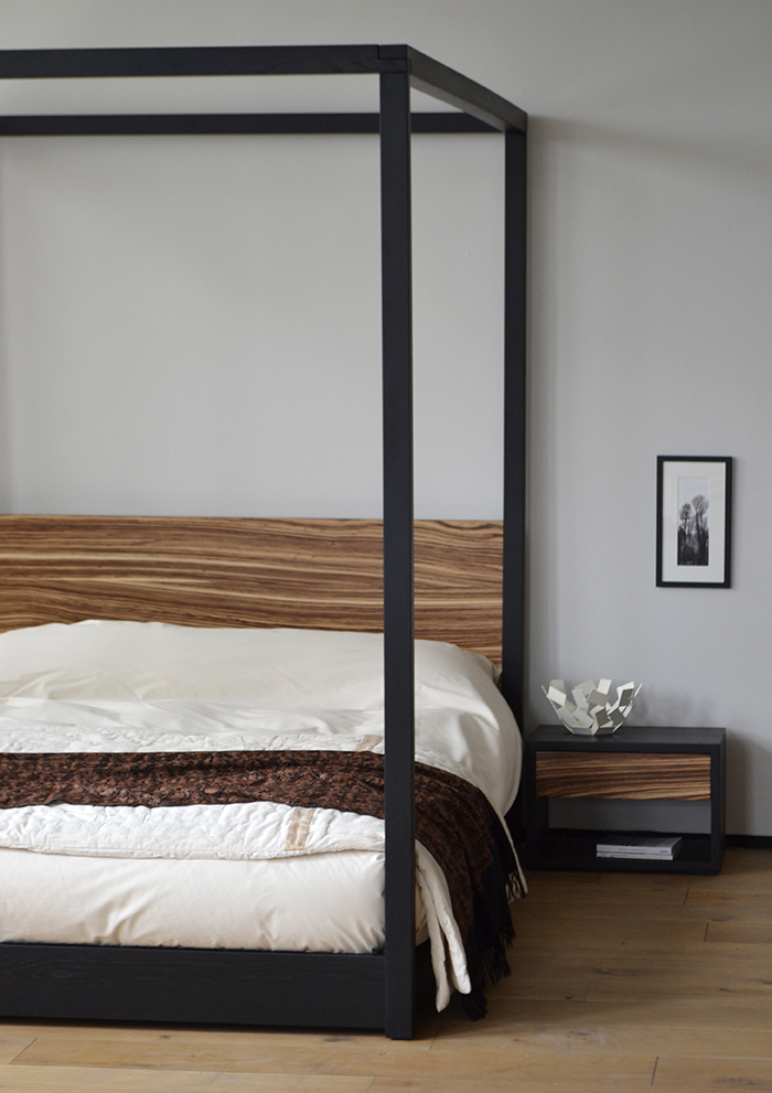 Dare to be different our cube 4-poster bed with a Zebrano wood headboard.