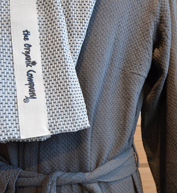 grey linum robe and organic towel detail