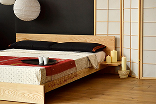 An Oriental look bedroom with our low wooden Kulu bed in Ash wood.