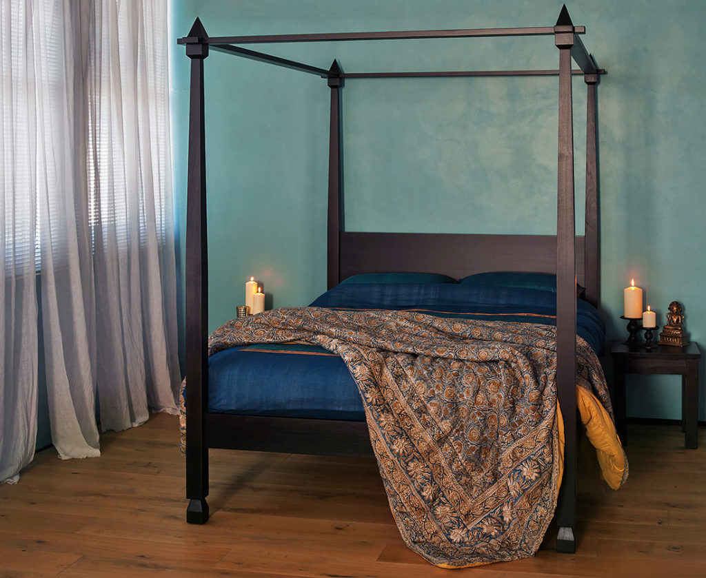 Indian bedroom look featuring our Raj wooden 4 poster bed