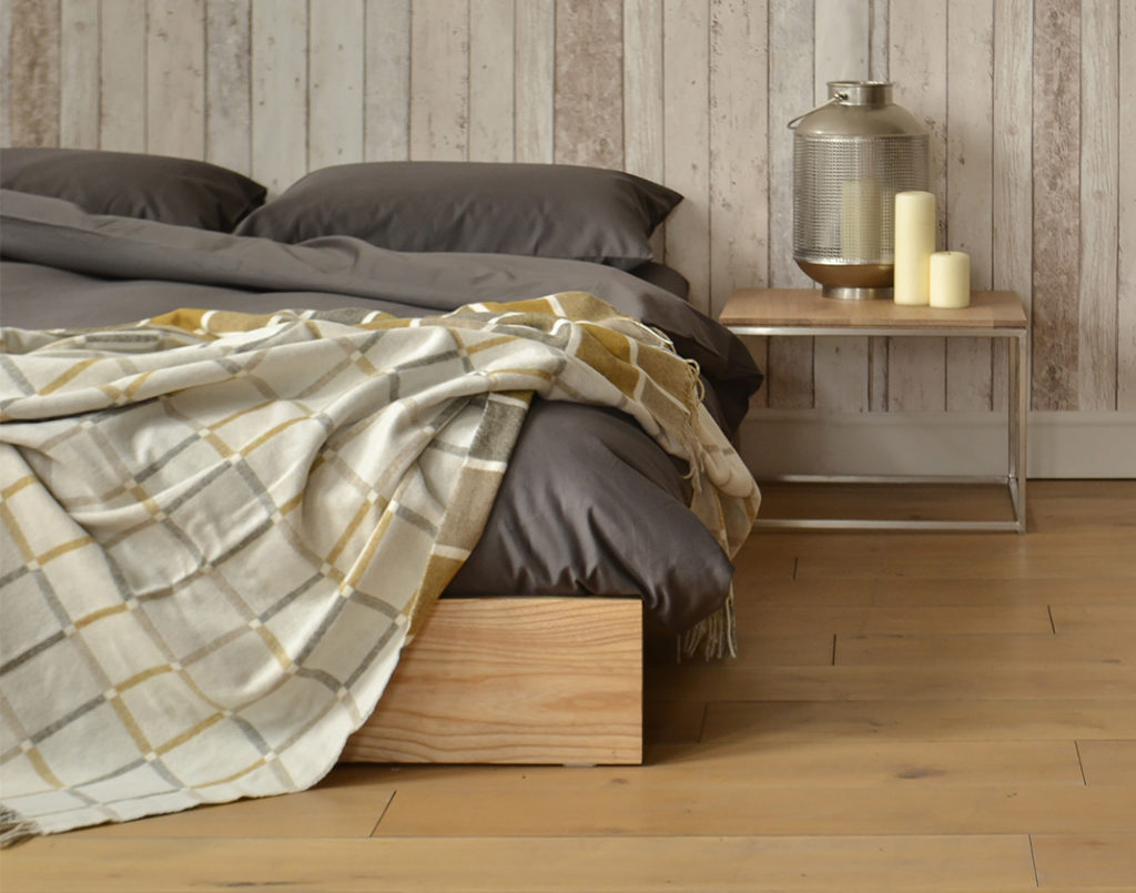 Skandi look for our hand made Ki low wooden bed & Thin Bedside Table