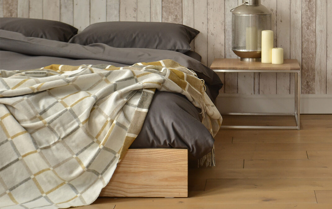 Skandi look for our hand made Ki low wooden bed & Thin Bedside Table