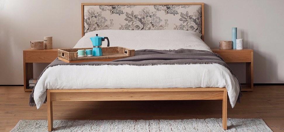 neutral colours bedroom with wooden Shetland bed frame in Oak with padded headboard