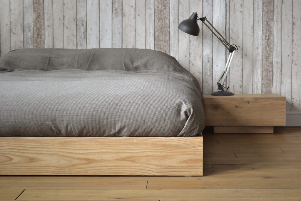 Ki solid wood bed or futon base her in Ash with Madra nightstand