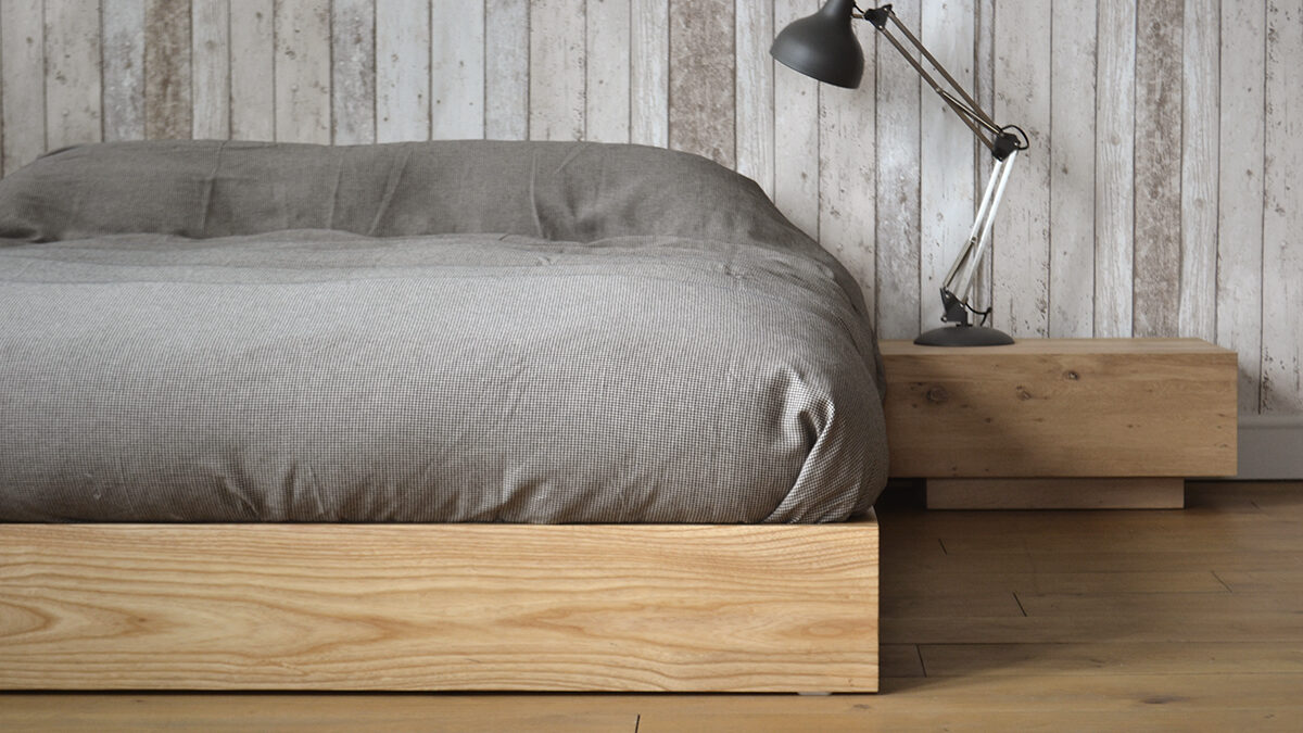 Ki solid wood bed or futon base her in Ash with Madra nightstand