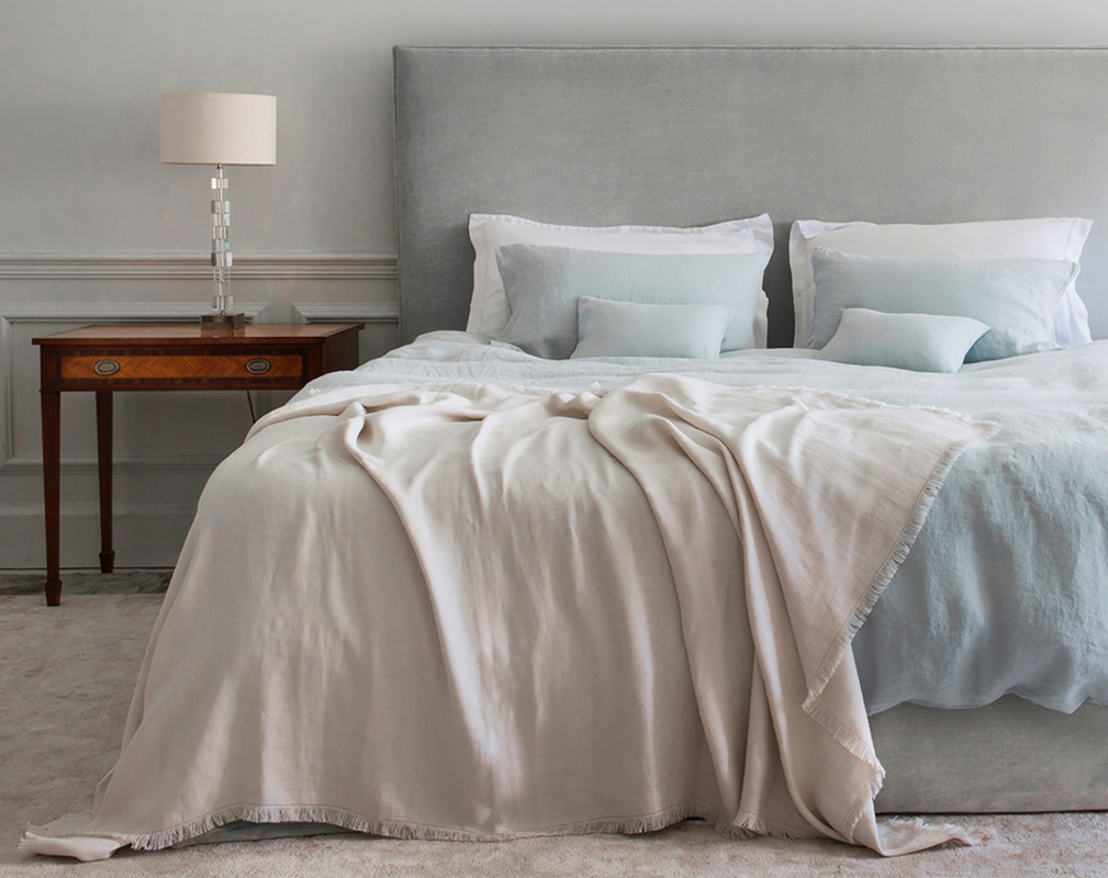 linen bedding duck-egg white and rose