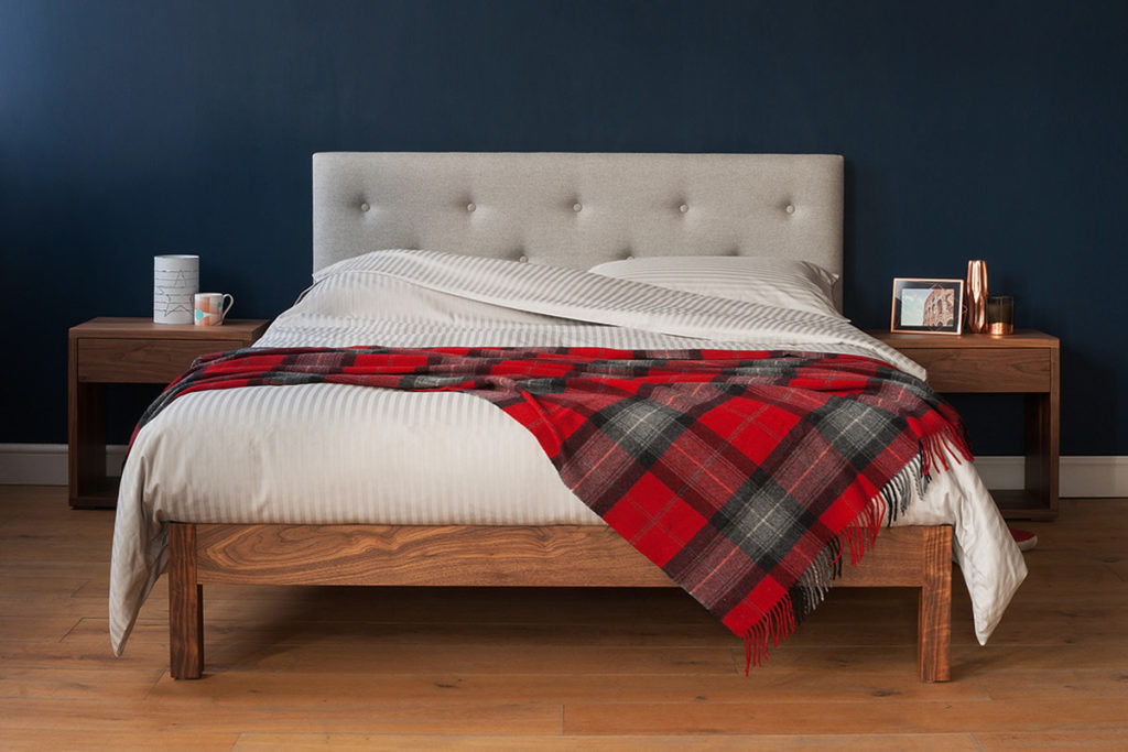 Arran British made wooden bed with buttoned padded headboard, comes in a choice of wood and a range of sizes