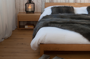 Cosy rustic styled Nevada Bed with low Cube bedside table.