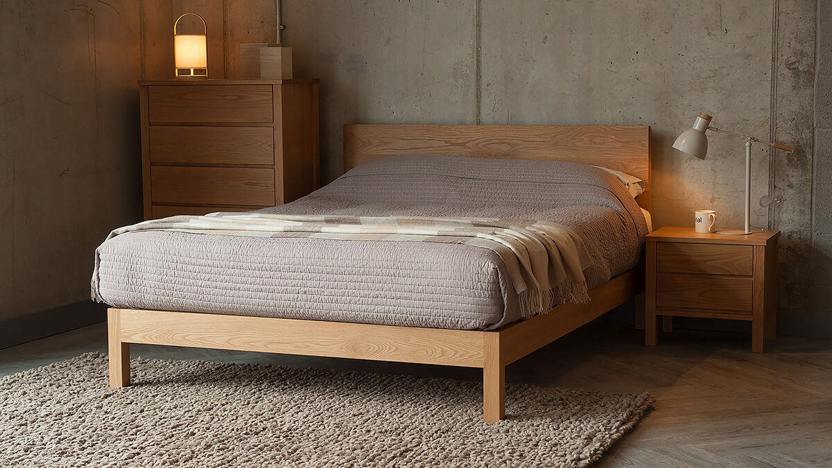 Contemporary Oak Malabar bed shown with Oak Shaker storage drawers