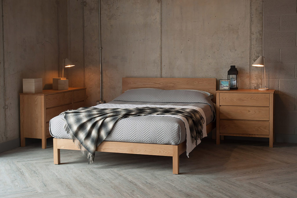 Chevron bedspread on contemporary oak Malabar bed, hand made to order in uk