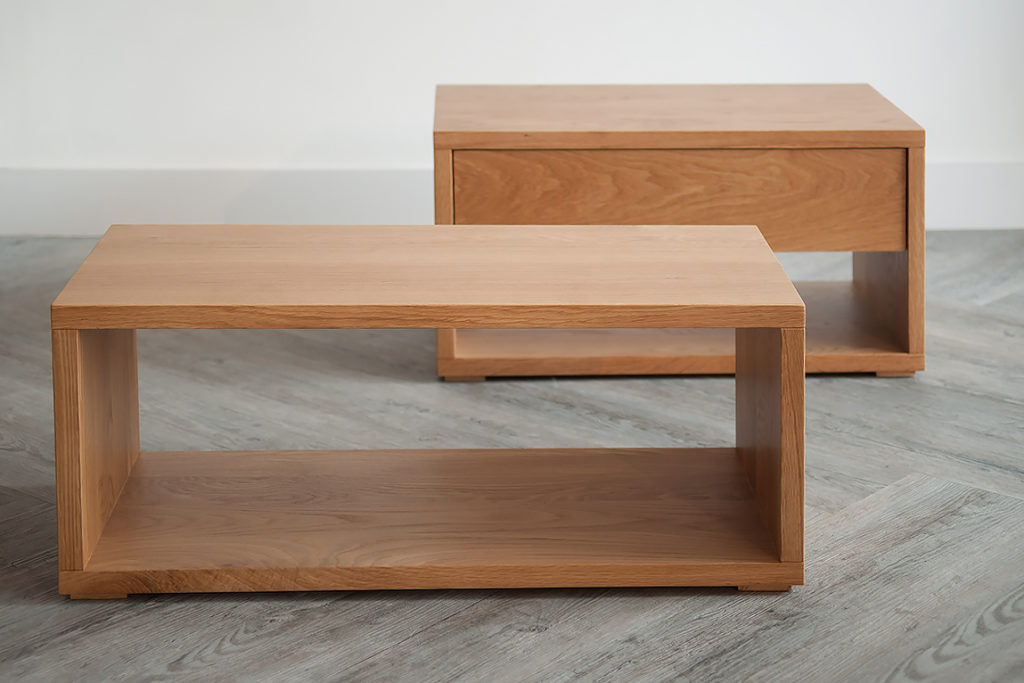 Black Lotus Oak Cube Bedside Tables, one with open shelf and one with added drawer for storage