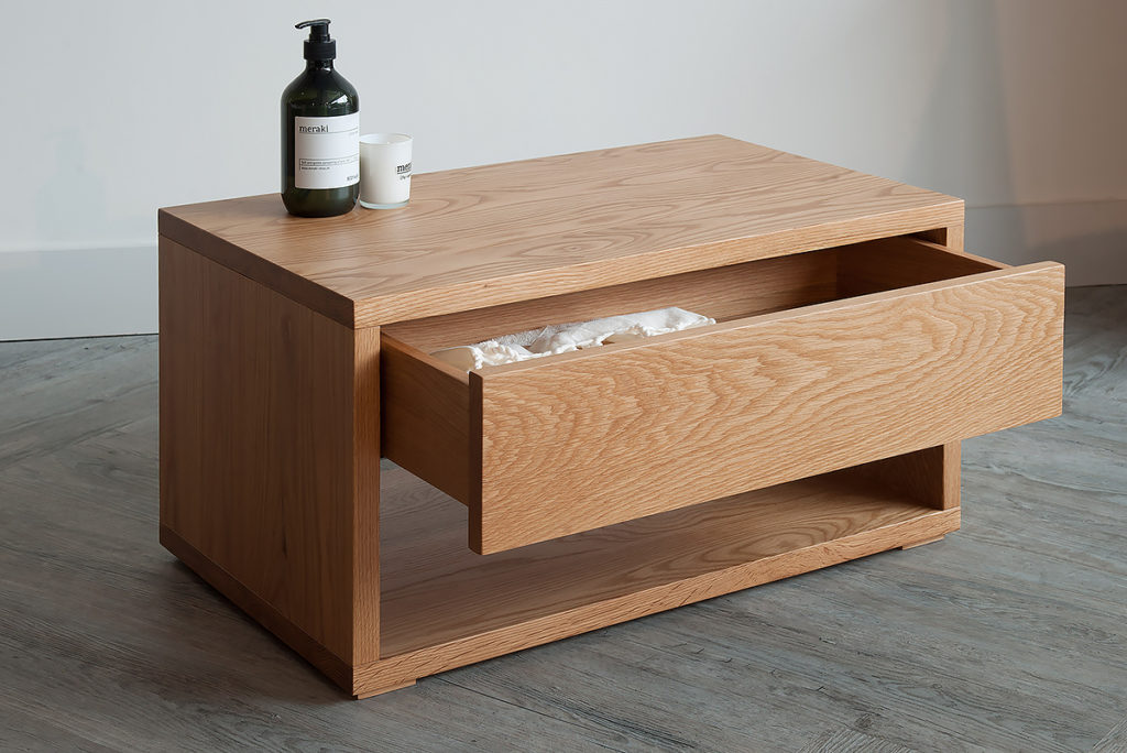 Cube low Bedside table with drawer open and made in Oak