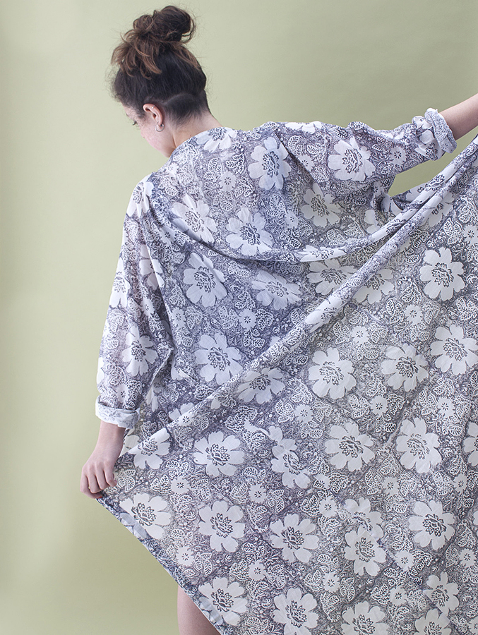 long cotton robe - grey floral print