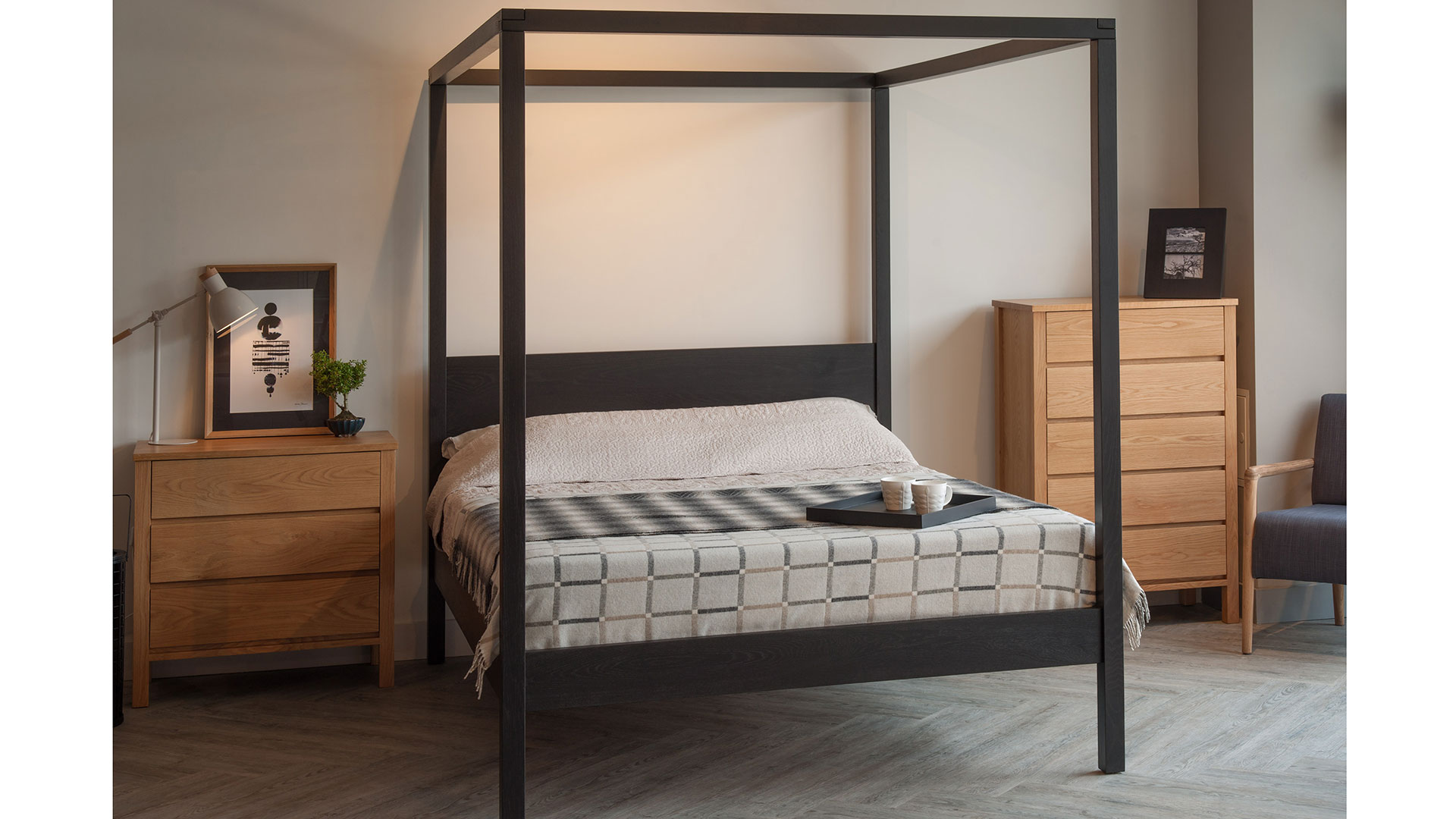 Contemporary solid wooden 4 poster bed the Orchid in a Scandi style bedroom