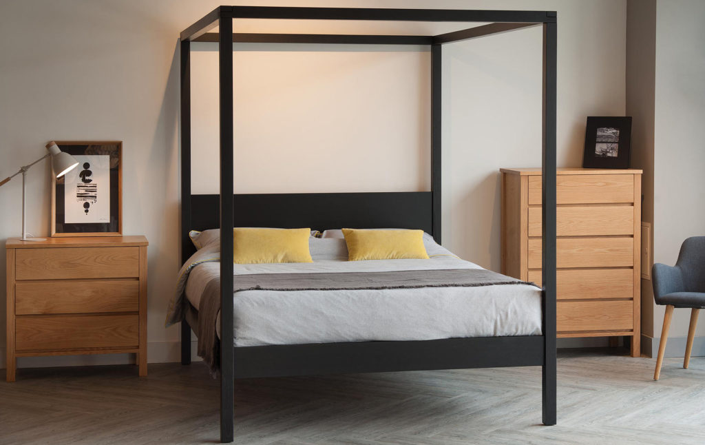 For a graphic look - our hand-made Orchid wooden four poster bed is shown here made from black painted Oak