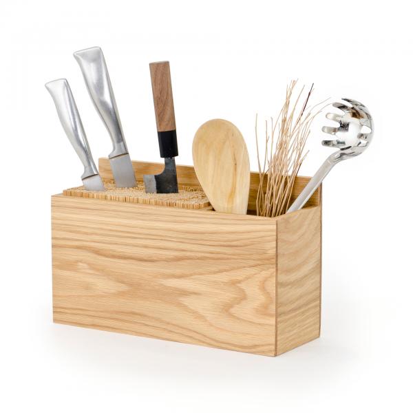 natural oak knife block and kitchen utensils holder shown in use