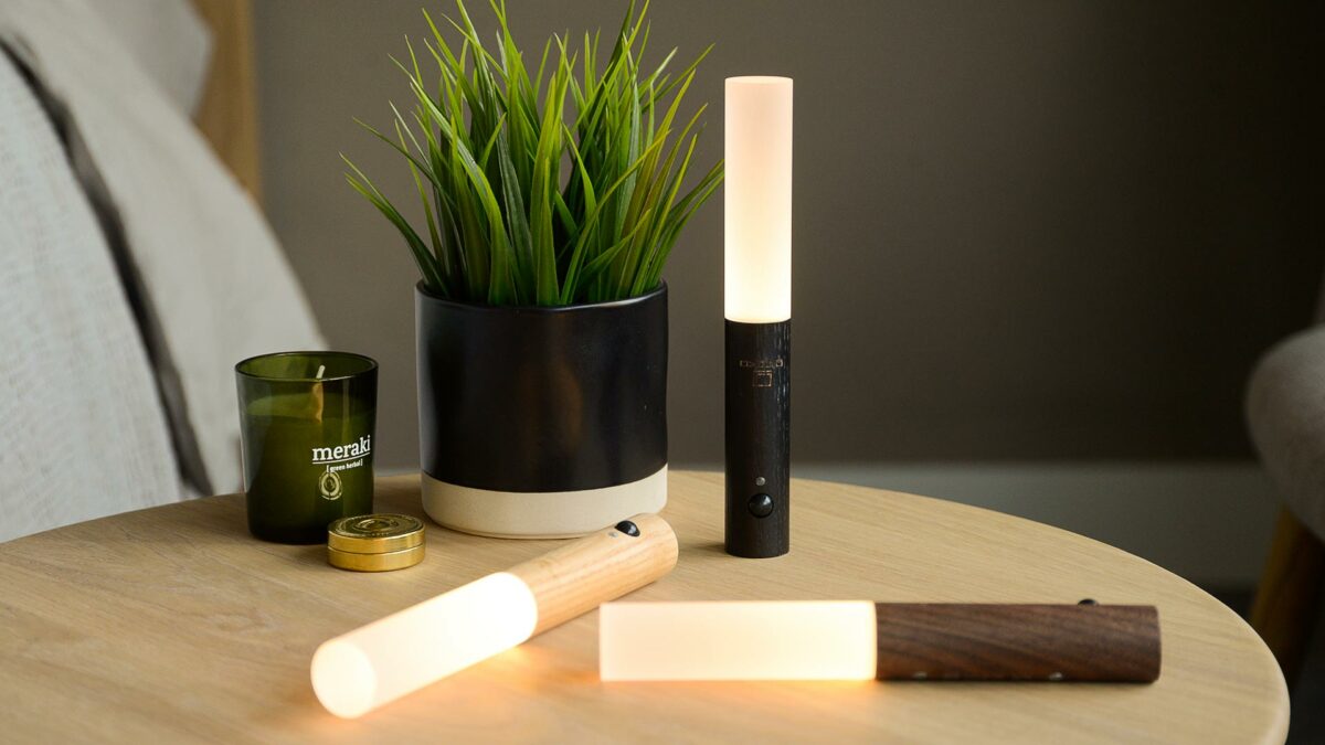 baton LED lights with wooden bases in black, ash or walnut