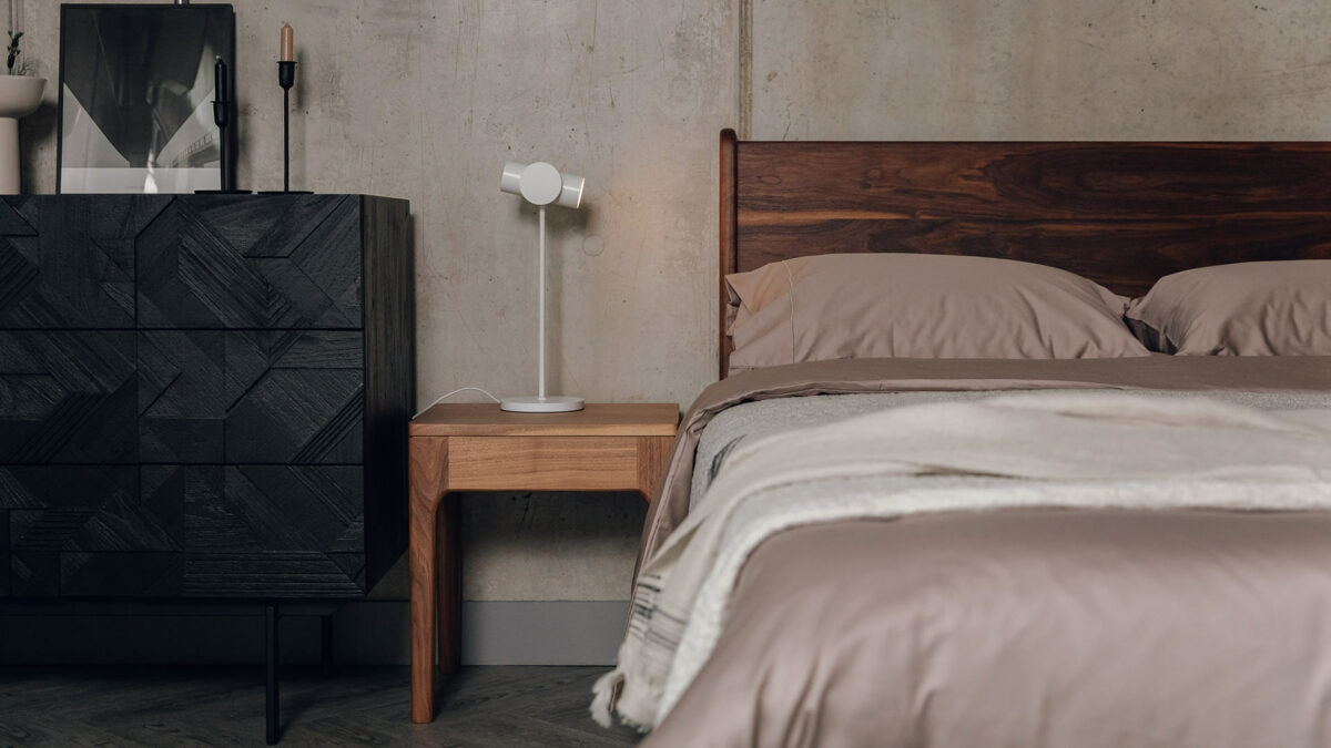 400 thread count luxury bedding in pewter with walnut bed and bedside