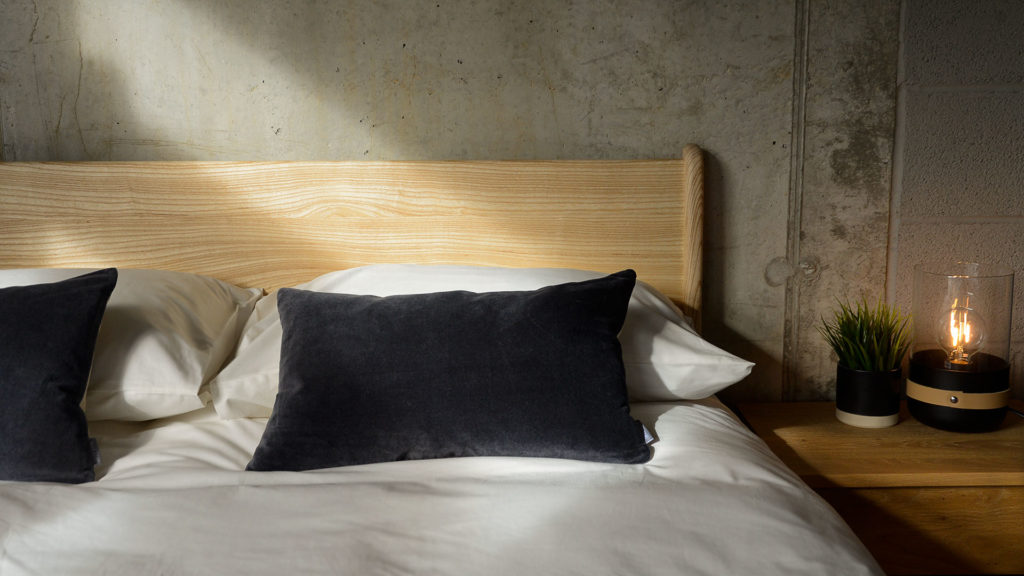 contemporary Scandi style Carnaby bed headboard here made from Ash wood