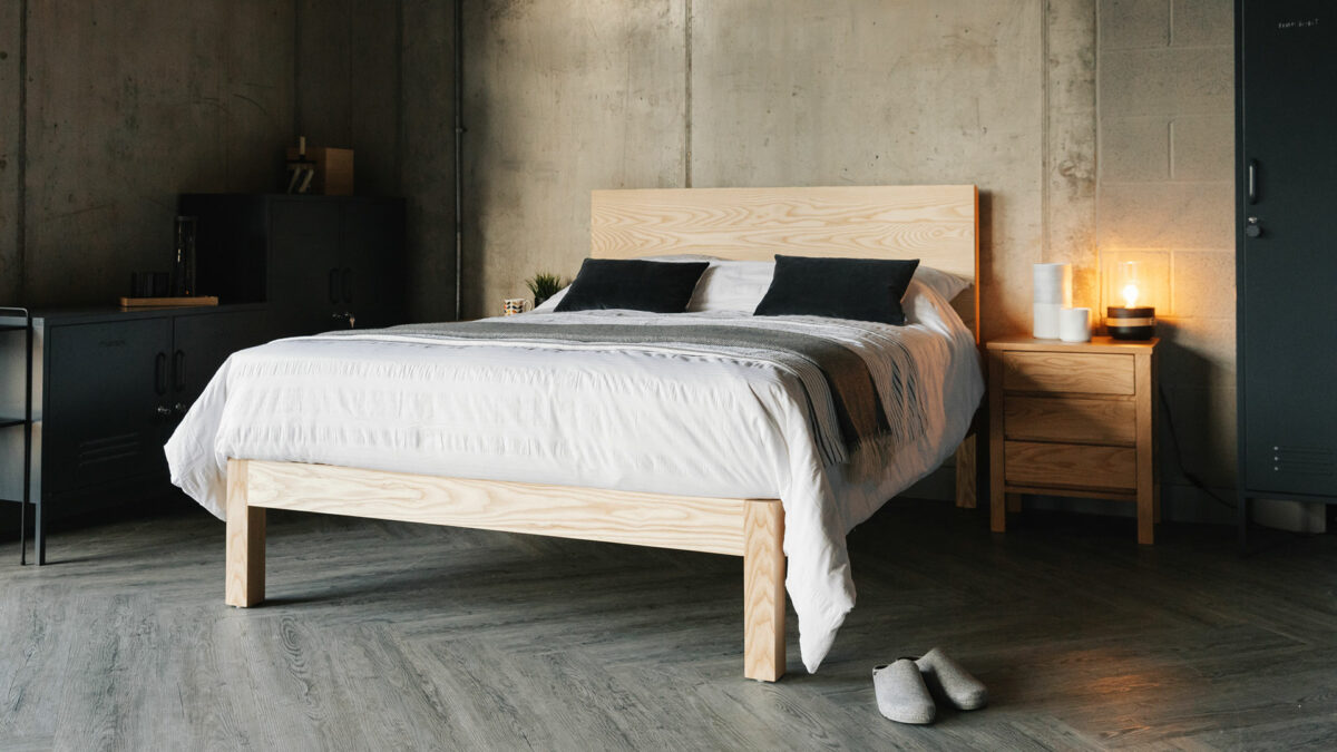 Bamford bed a chunky taller solid wood bed, here in Ash