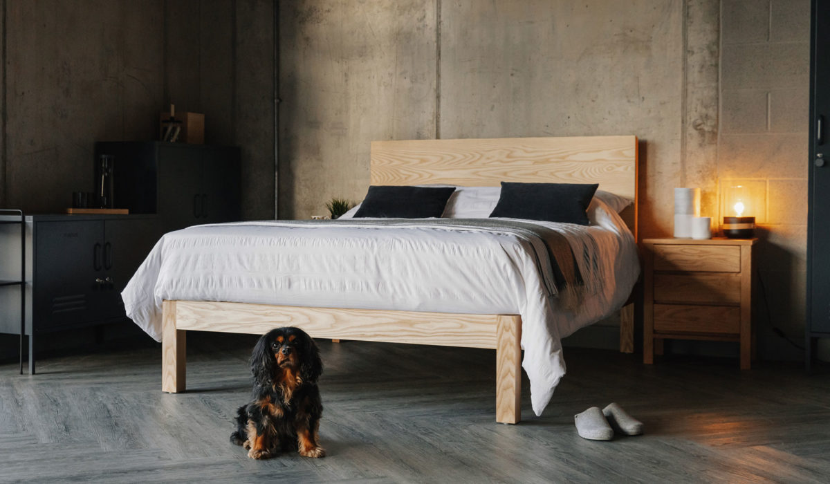 The Bamford solid wood bed is available in a range of sizes and a choice of wood, here shown in Ash