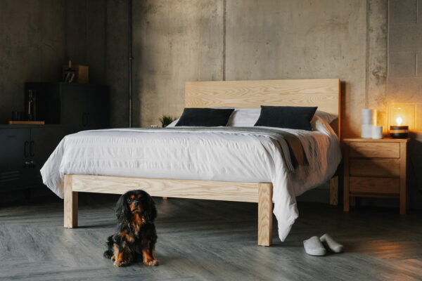 The Bamford solid wood bed is available in a range of sizes and a choice of wood, here shown in Ash