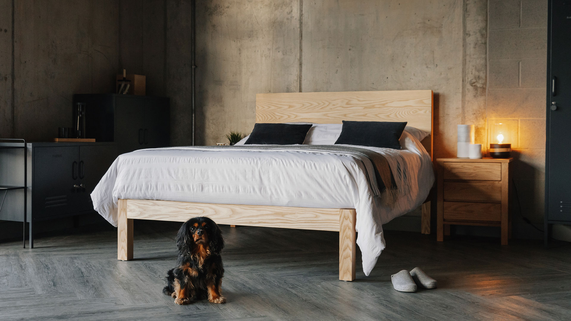 The Bamford solid wood bed is available in a range of sizes and a choice of wood, here shown in Ash