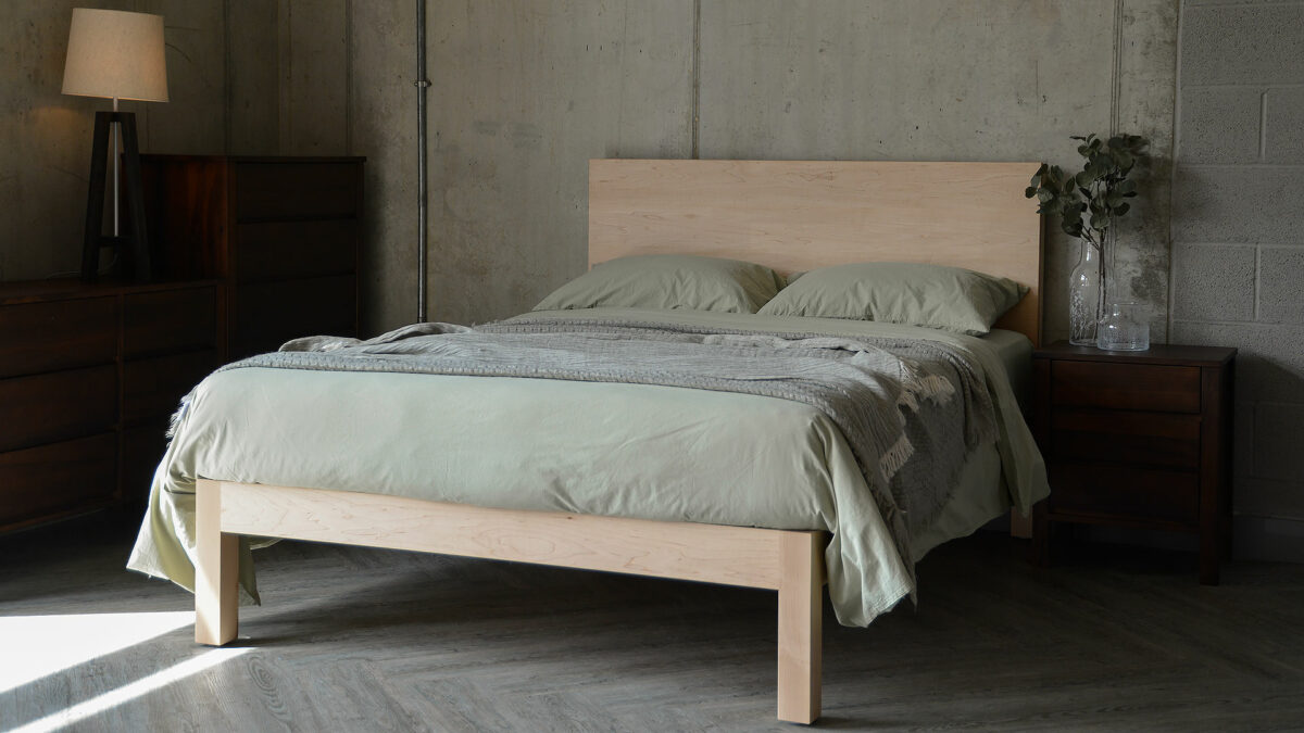 Bamford maple bed with sage green stonewash cotton bedding