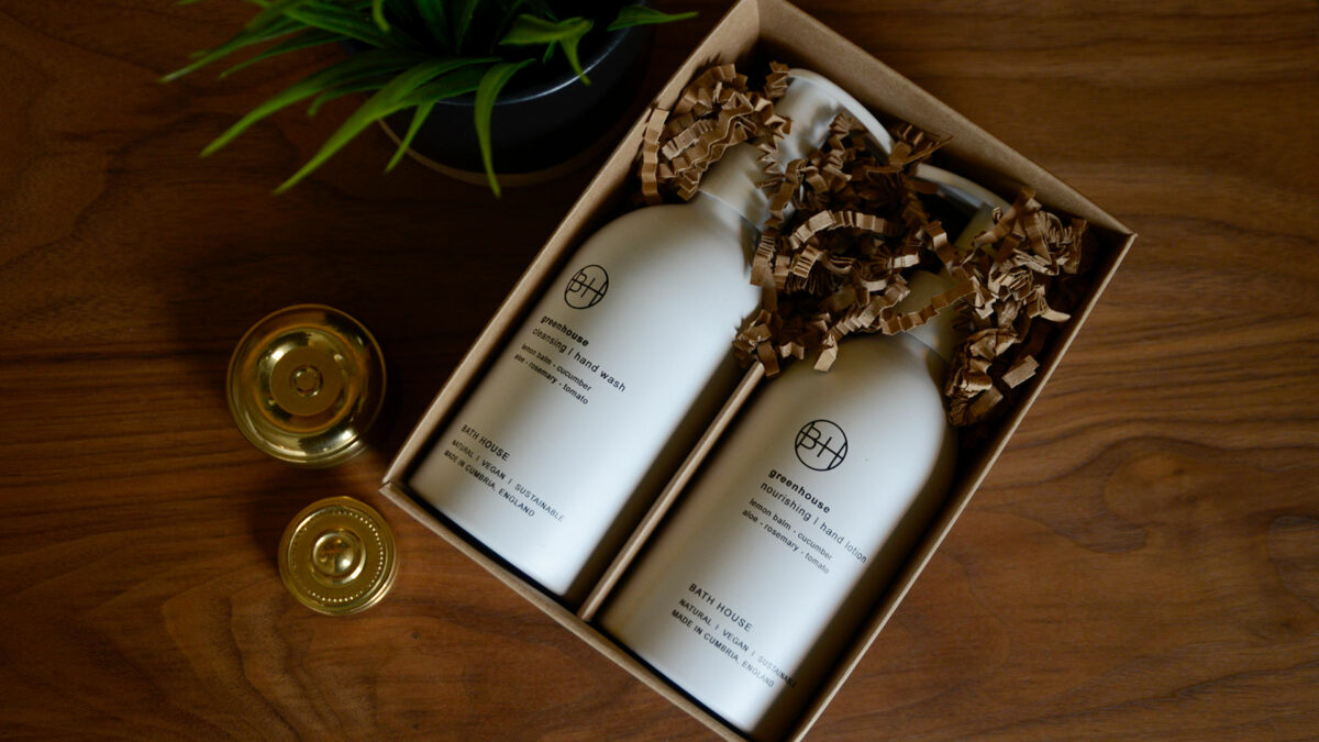 Greenhouse cleansing hand wash and nourishing hand lotion set shown with gift box packaging