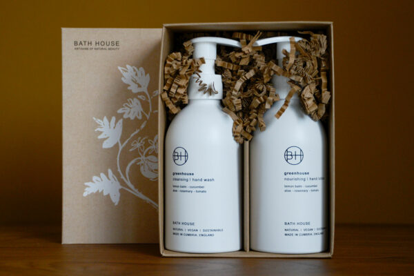 Greenhouse cleansing hand wash and nourishing hand lotion set shown with gift box packaging