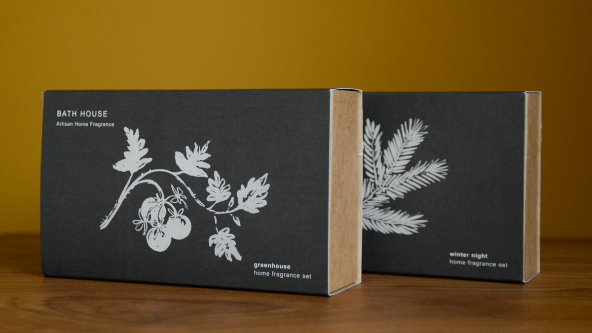 Winter Night and Greenhouse mini scent diffuser and candle sets with gift box packaging