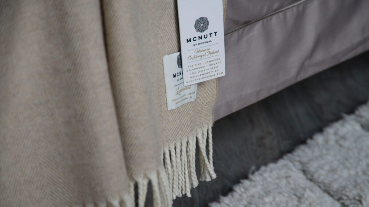 Beige Herringbone Throw McNutt Fringed Detail