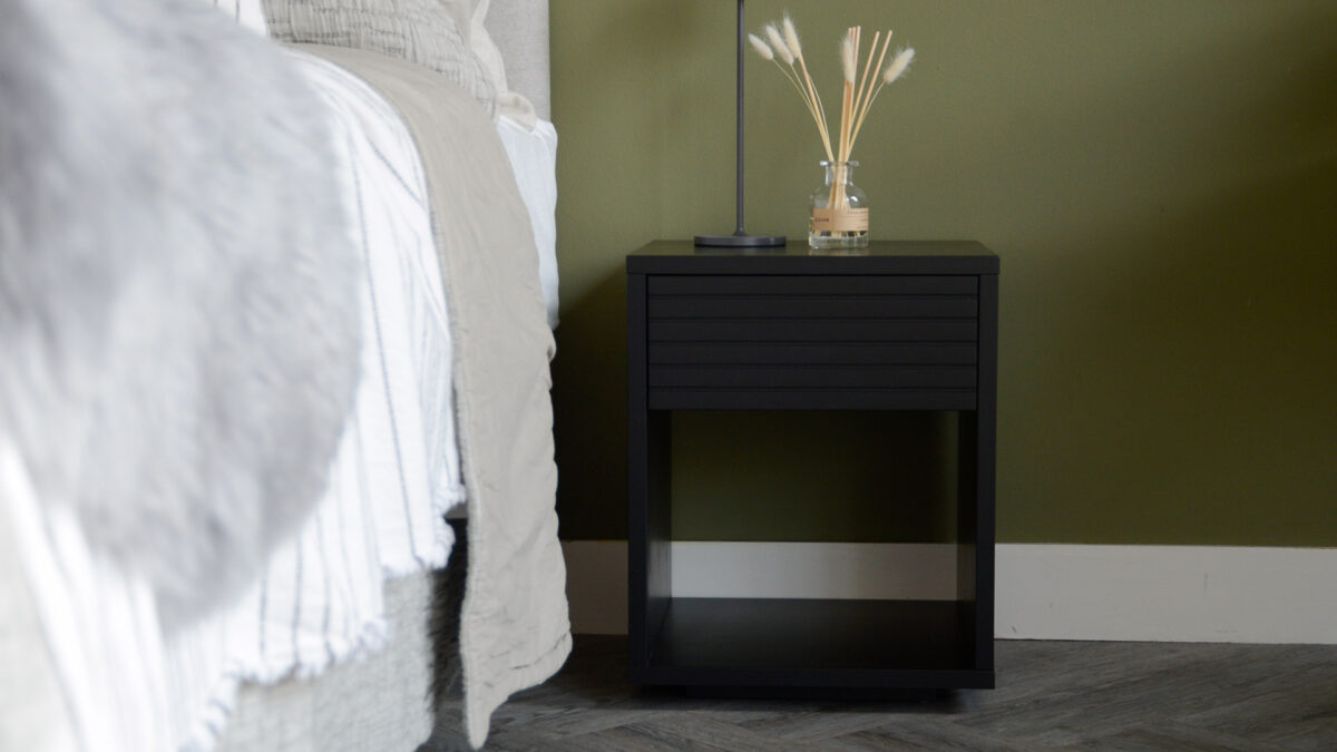 Birch Groove Effect Emma Tables Black next to Cherry Bloomsbury