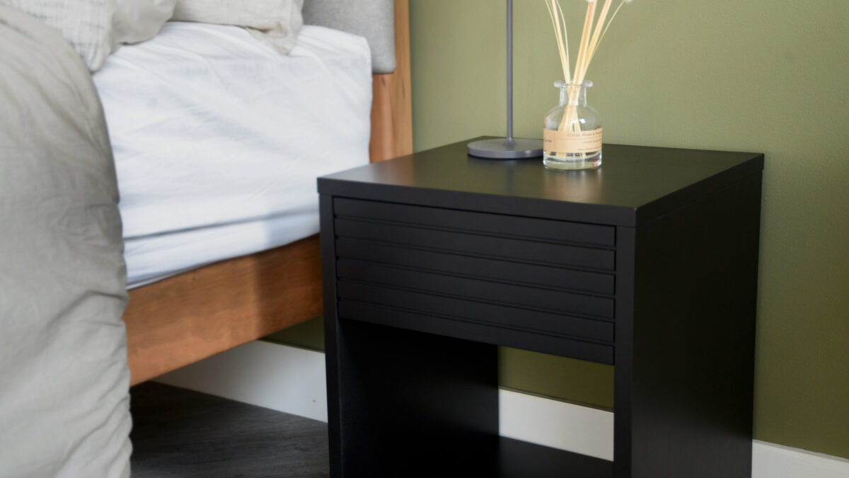 Birch Groove Effect Emma Tables Black next to Cherry Bloomsbury 2