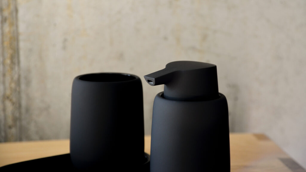 Matt Black bathroom soap dispenser and matching tumbler