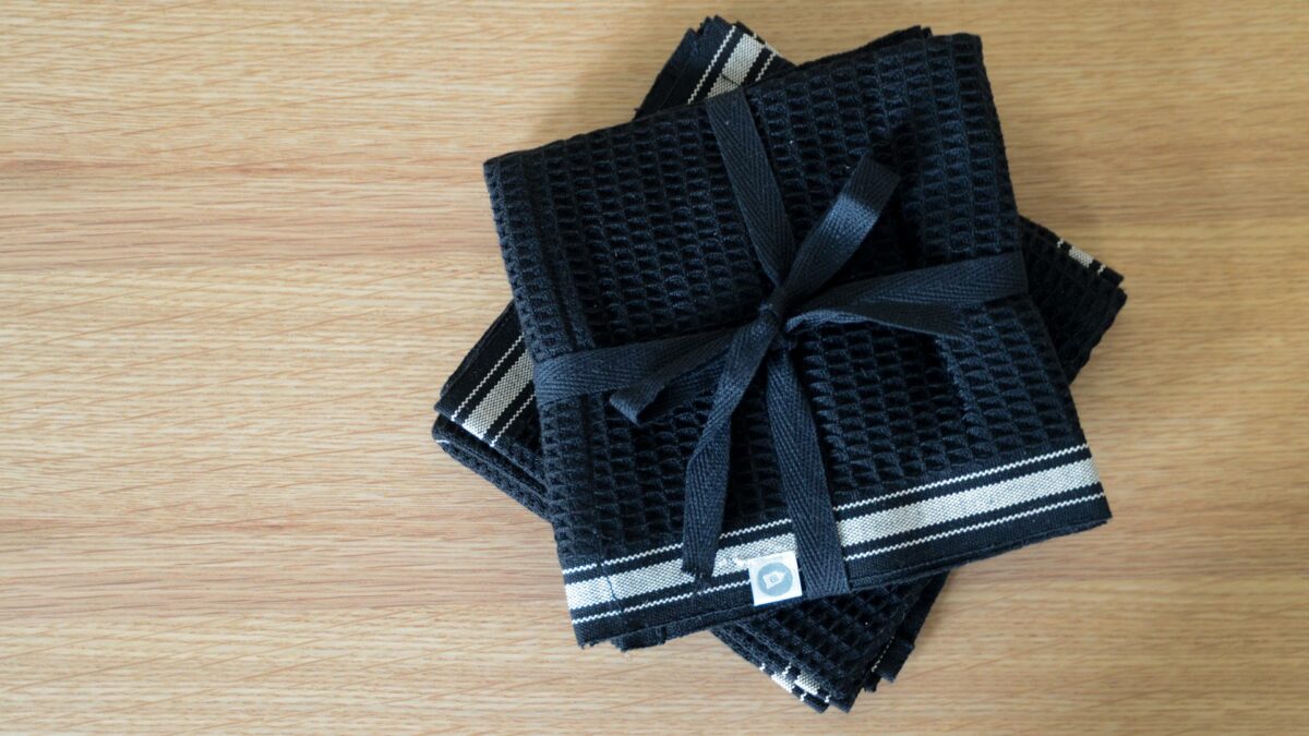 Black Beige Dishcloths on Oak Wireworks Bench