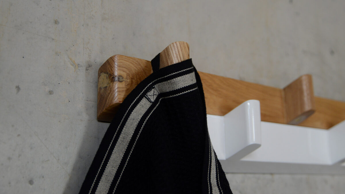 Black Beige Tea Towel on Oak Hanging Hook