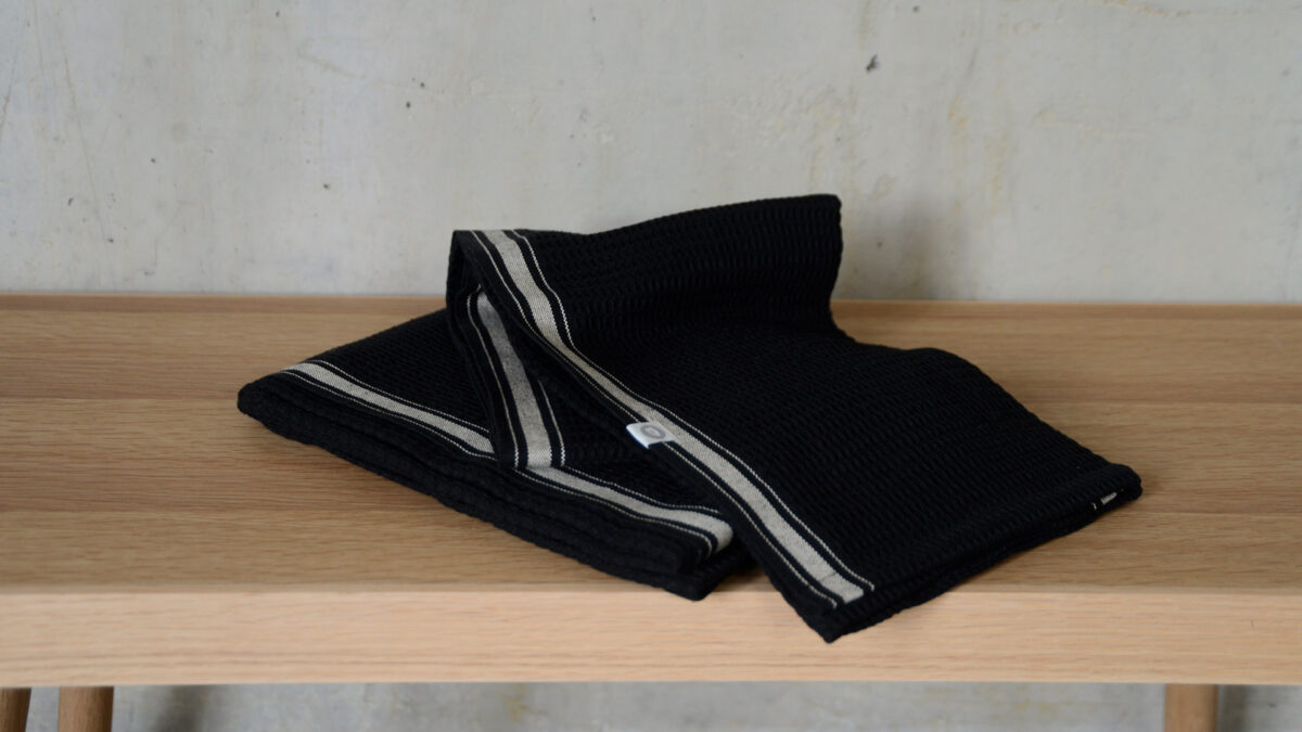 Black Beige Tea Towels on Oak Wireworks Bench