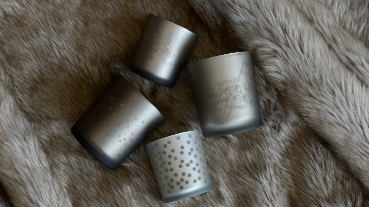 Black Frosted Glass Candleholders ALL on Faux Fur Bedspread