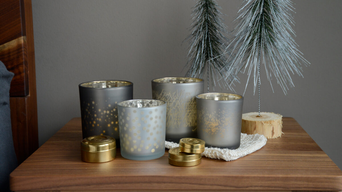 Black Frosted Glass Candleholders ALL on Walnut Camden Table with Christmas Trees
