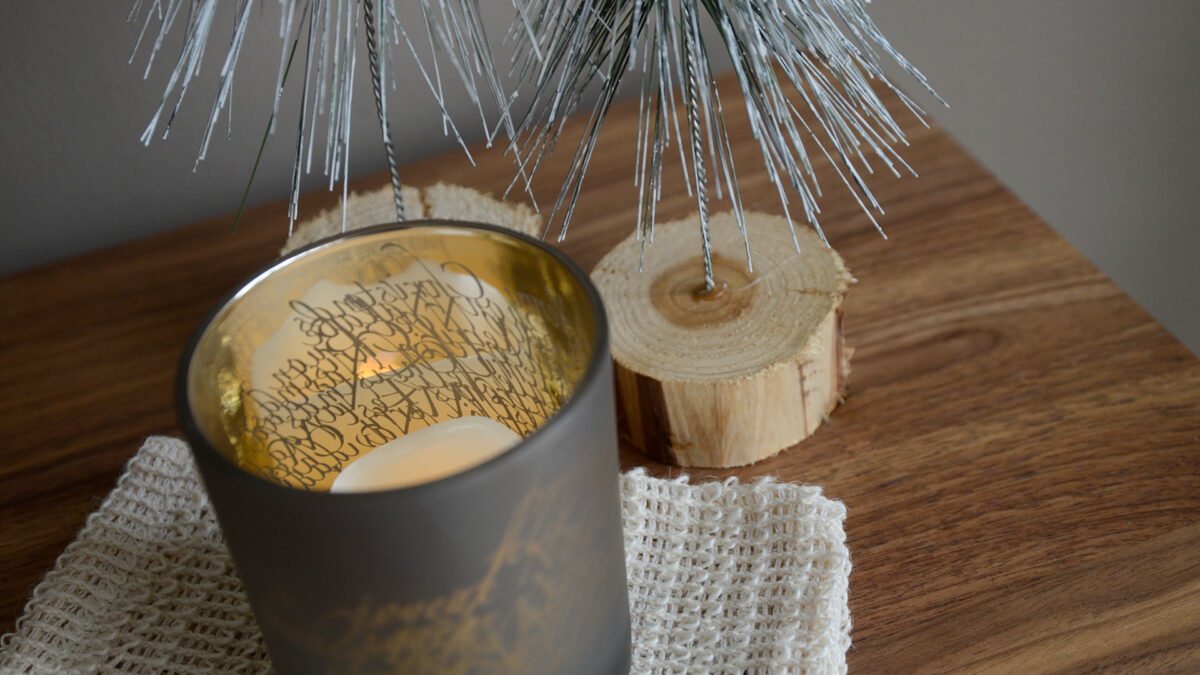 Black Frosted Glass Candleholders Festive Phrases Closeup