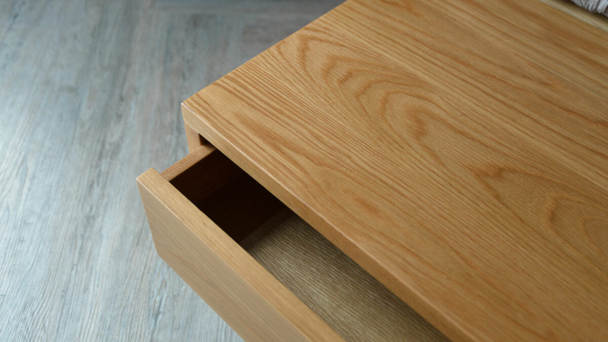 looking down on our Oak wide storage bench with open drawer