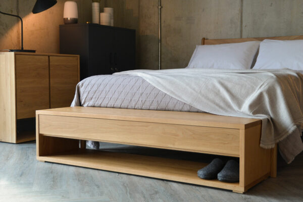 End of bed Oak bench with storage drawer and open shelf