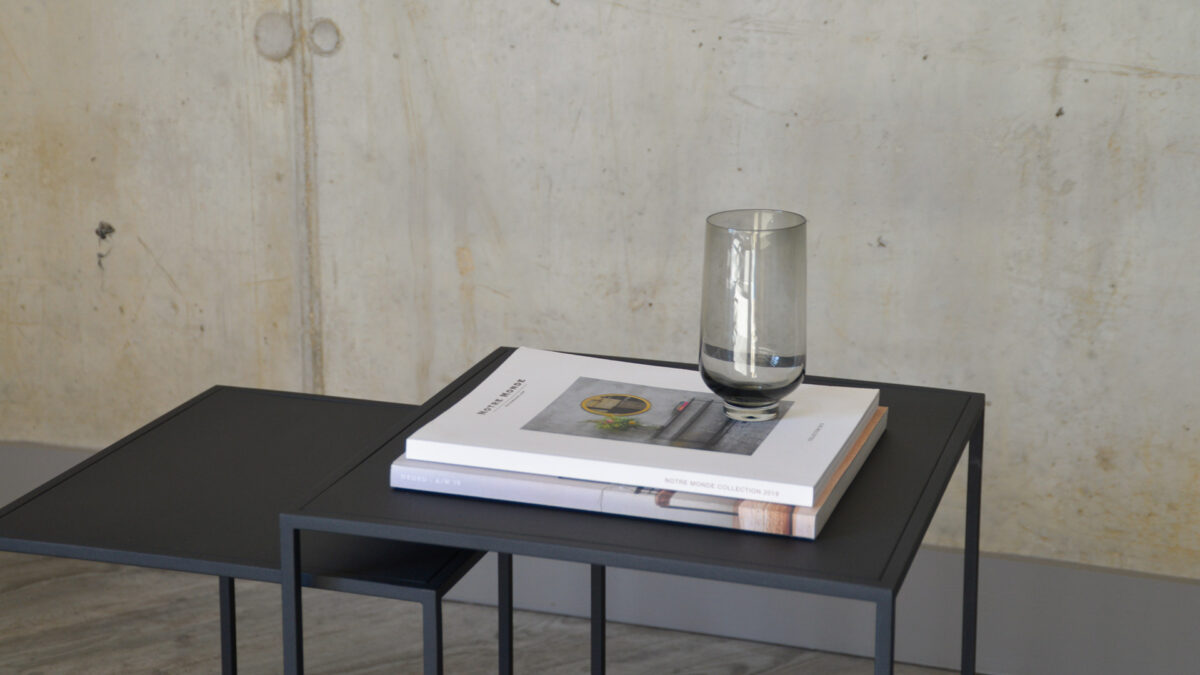 powder-coated steel nesting tables in slate grey