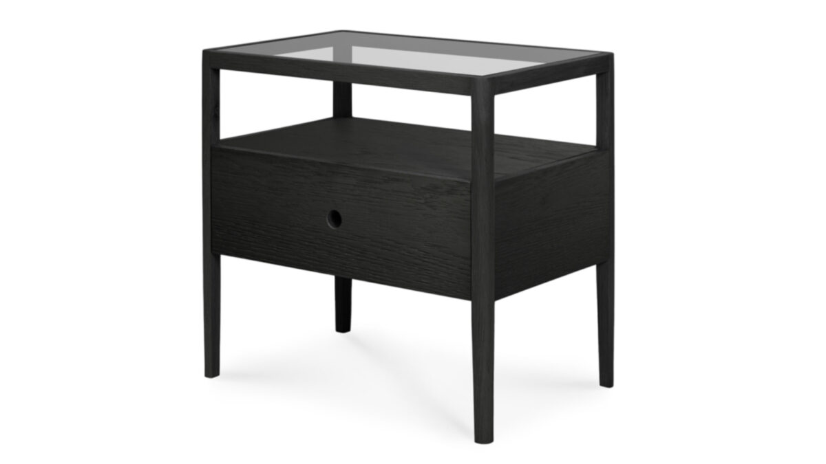 angled view of the black oak Spindle bedside table as cutout