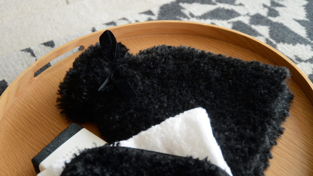 Black Teddy Hot Water Bottle on Oak Wireworks Tray