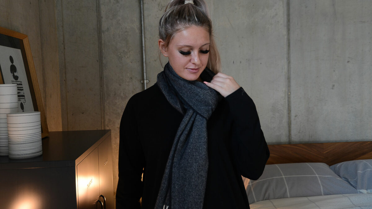 Black and Cream tube scarf on Maddie 1
