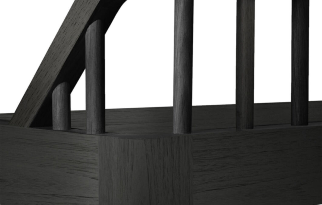 Detail shot of the Black oak Spindle bench from the back