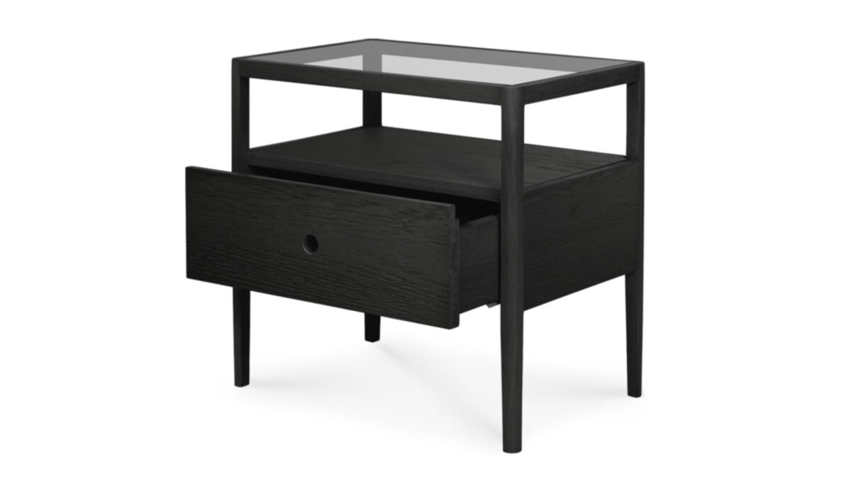 cut out image of black oak Spindle bedside table with drawer open