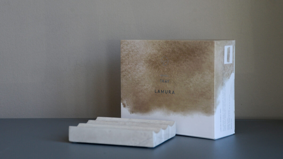 Marble soap dish shown with its box